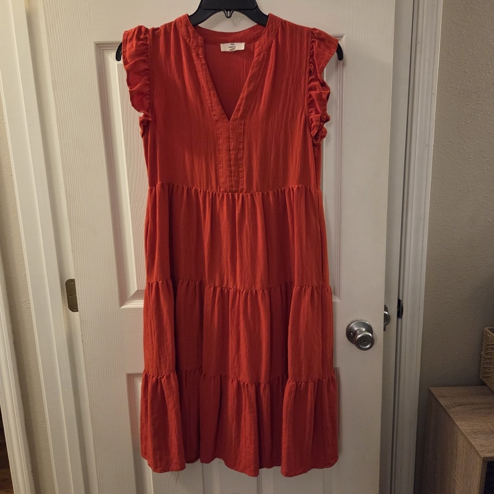 Entro sz S red tiered flowy midi dress lightweight casual feminine‎ boho peasant